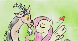 Size: 982x514 | Tagged: safe, artist:paralelepippedo, discord, fluttershy, draconequus, pegasus, pony, g4, autodesk sketchbook, blushing, bust, cute, discute, eyes closed, female, heart, kissing, male, mare, ship:discoshy, shipping, shyabetes, signature, straight, wide eyes
