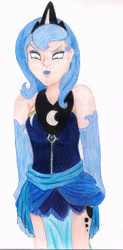 Size: 1103x2235 | Tagged: safe, artist:wrath-marionphauna, princess luna, human, g4, angry, belt, clothes, colored pencil drawing, crown, crying, cutie mark, cutie mark on human, female, gloves, humanized, jealous, jewelry, makeup, regalia, s1 luna, scan, scanned, skirt, solo, traditional art