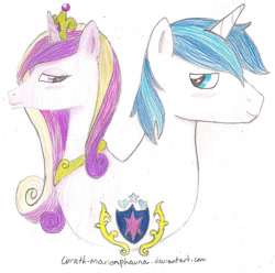 Size: 1466x1457 | Tagged: safe, artist:wrath-marionphauna, princess cadance, shining armor, alicorn, pony, unicorn, g4, blushing, colored pencil drawing, crown, cutie mark, jewelry, looking at each other, regalia, traditional art