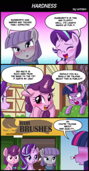 Size: 800x1540 | Tagged: safe, artist:uotapo, maud pie, starlight glimmer, sugar belle, twilight sparkle, alicorn, earth pony, pony, unicorn, g4, angry, bait and switch, blood, blushing, comic, dialogue, female, implied maudbriar, implied shipping, implied starburst, implied straight, implied sugarmac, innocent innuendo, mare, misunderstanding, nosebleed, speech bubble, translation, twilight sparkle (alicorn)