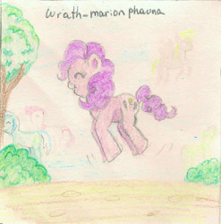 Size: 1615x1637 | Tagged: safe, artist:wrath-marionphauna, derpy hooves, minuette, pinkie pie, g4, colored pencil drawing, crayon drawing, jumping, ponyville, traditional art