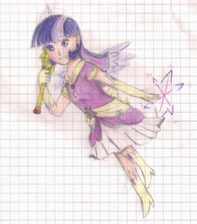 Size: 1198x1369 | Tagged: safe, artist:wrath-marionphauna, twilight sparkle, alicorn, human, g4, boots, clothes, colored pencil drawing, coronation dress, dress, female, horn, humanized, jumping, magic, magical, magical girl, scepter, shield, shoes, smiling, solo, traditional art, twilight scepter, wings