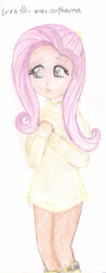 Size: 1529x3924 | Tagged: safe, artist:wrath-marionphauna, fluttershy, human, g4, boots, clothes, colored pencil drawing, female, humanized, shoes, shy, solo, traditional art