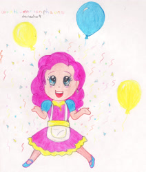 Size: 2257x2657 | Tagged: safe, artist:wrath-marionphauna, pinkie pie, human, g4, balloon, chibi, clothes, colored pencil drawing, colorful, confetti, dress, female, high res, humanized, shoes, smiling, solo, streamers, traditional art