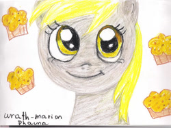 Size: 1024x767 | Tagged: safe, artist:wrath-marionphauna, derpy hooves, pony, g4, crayon drawing, cute, female, food, muffin, smiling, solo, traditional art