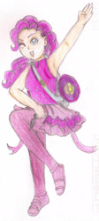 Size: 1637x3661 | Tagged: safe, artist:wrath-marionphauna, pinkie pie, human, g4, clothes, colored pencil drawing, female, humanized, one eye closed, party cannon, skirt, smiling, solo, traditional art, wink