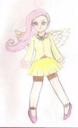 Size: 1910x3139 | Tagged: safe, artist:wrath-marionphauna, fluttershy, human, g4, angry, blouse, clothes, colored pencil drawing, humanized, shoes, skirt, traditional art, wings