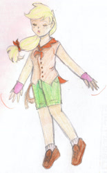 Size: 1931x3106 | Tagged: safe, artist:wrath-marionphauna, applejack, human, g4, blouse, cape, clothes, colored pencil drawing, eyes closed, female, freckles, humanized, mittens, rope, shorts, solo, traditional art