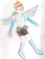 Size: 2153x2784 | Tagged: safe, artist:wrath-marionphauna, rainbow dash, human, g4, boots, clothes, colored pencil drawing, female, gloves, high res, humanized, shoes, smiling, solo, traditional art, wings