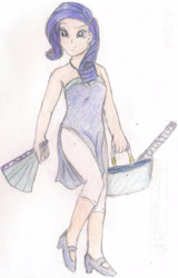 Size: 1961x3058 | Tagged: safe, artist:wrath-marionphauna, rarity, human, g4, bag, clothes, colored pencil drawing, dress, fan, female, humanized, jewelry, katana, makeup, necklace, purse, smiling, solo, sword, traditional art, weapon
