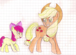 Size: 1554x1125 | Tagged: safe, artist:wrath-marionphauna, apple bloom, applejack, g4, colored pencil drawing, looking at each other, siblings, smiling, traditional art