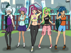 Size: 3000x2250 | Tagged: safe, artist:banquo0, indigo zap, lemon zest, sour sweet, sugarcoat, sunny flare, human, equestria girls, g4, my little pony equestria girls: friendship games, alternate clothes, arm behind back, arm behind head, belt, black belt, boots, breasts, clenched fist, clock, clothes, confident, converse, crystal prep shadowbolts, female, flexing, freckles, glasses, goggles, green hair, gym shorts, hand on chin, happy, headphones, high res, human coloration, leggings, long hair, midriff, miniskirt, multicolored hair, necktie, orange eyes, outdoors, pants, pigtails, pose, shadow, shadow five, shirt, shoes, short hair, shorts, side slit, skirt, smiling, sneakers, socks, sweatpants, t-shirt, tank top, tights, twintails, watermark, white socks, yellow eyes