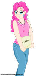 Size: 481x981 | Tagged: safe, artist:wrath-marionphauna, pinkie pie, human, g4, clothes, digital art, ear piercing, earring, female, flour, harina, humanized, jeans, jewelry, looking at you, necklace, pants, piercing, simple background, smiling, solo, spanish, transparent background
