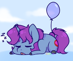 Size: 586x488 | Tagged: safe, artist:wooden-willow, oc, oc only, oc:mobian, pony, unicorn, balloon, cloud, commission, cute, male, onomatopoeia, simple background, sleeping, solo, sound effects, stallion, unshorn fetlocks, ych result, zzz