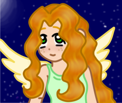 Size: 1170x990 | Tagged: safe, artist:wrath-marionphauna, oc, oc only, oc:feather, human, cute, digital art, freckles, humanized, meta, moon, night, pegasister, smiling, solo, wings