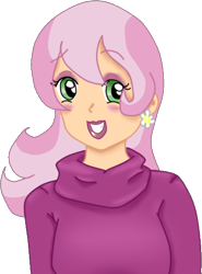 Size: 414x560 | Tagged: safe, artist:wrath-marionphauna, cheerilee, human, g4, blushing, clothes, digital art, ear piercing, earring, female, humanized, jewelry, lipstick, makeup, piercing, simple background, smiling, solo, sweater, transparent background