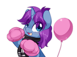 Size: 1072x800 | Tagged: safe, artist:loyaldis, oc, oc only, oc:mobian, pony, unicorn, :3, balloon, blushing, clothes, commission, cute, cute little fangs, fangs, heart eyes, male, nya, ocbetes, paw socks, pink, rawr, scarf, simple background, snaggletooth, solo, stallion, transparent background, wingding eyes, ych result