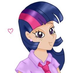 Size: 421x439 | Tagged: safe, artist:wrath-marionphauna, twilight sparkle, human, g4, blushing, clothes, digital art, ear piercing, earring, female, heart, humanized, jewelry, necktie, piercing, shirt, simple background, smiling, solo, transparent background