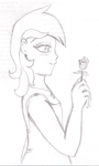 Size: 719x1199 | Tagged: safe, artist:wrath-marionphauna, roseluck, human, equestria girls, blushing, clothes, deviantart watermark, dress, ear piercing, earring, female, flower, humanized, jewelry, makeup, necklace, obtrusive watermark, pencil drawing, piercing, rose, smiling, solo, traditional art, watermark