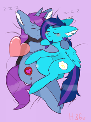 Size: 3000x4000 | Tagged: safe, artist:catharsis, oc, oc only, oc:cirrus updraft, oc:mobian, pegasus, pony, unicorn, balloon, bed, clothes, commission, ear fluff, eyes closed, female, heart balloon, high res, hug, male, mare, onomatopoeia, pregnant, scarf, shipping, shoulder fluff, sleeping, snuggling, sound effects, stallion, ych result, zzz