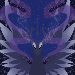Size: 2048x2048 | Tagged: safe, artist:lunathemoongod, princess luna, alicorn, pony, g4, eyes closed, eyeshadow, female, high res, makeup, night, solo, stars, symmetrical, wings, without lineart