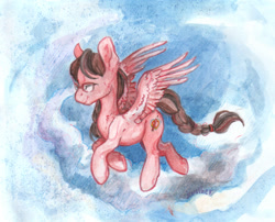 Size: 1993x1608 | Tagged: safe, artist:jewellier, oc, oc only, oc:july red pencil, pegasus, pony, braided tail, female, flying, glasses, mare, ponysona, smiling, solo