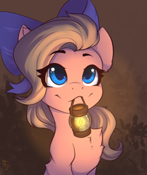 Size: 1600x1900 | Tagged: safe, artist:falafeljake, oc, oc only, oc:bolt t. sky, pony, bow, hair bow, lantern, mouth hold, solo