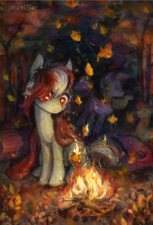 Size: 1356x1992 | Tagged: safe, artist:jewellier, apple bloom, zecora, oc, oc:rifey, earth pony, pony, zebra, rcf community, g4, autumn, basket, blanket, campfire, female, fire, leaves, mare, mouth hold, solo focus