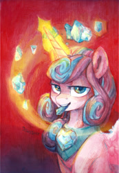 Size: 1129x1629 | Tagged: safe, artist:jewellier, princess flurry heart, alicorn, pony, g4, bust, crystal, female, glowing horn, horn, jewelry, lidded eyes, looking at you, mouth hold, older, older flurry heart, peytral, portrait, regalia, solo