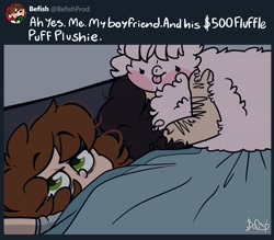 Size: 4000x3500 | Tagged: safe, artist:befishproductions, oc, oc only, oc:fluffle puff, human, pony, :p, ah yes me my girlfriend and her x, bed, blanket, female, male, meme, money well spent, plushie, signature, tongue out