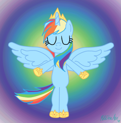 Size: 757x774 | Tagged: safe, artist:forsakenxenon, rainbow dash, alicorn, pony, g4, alicornified, collar, crown, eyes closed, female, horn, jewelry, race swap, rainbowcorn, regalia, smiling, solo, spread wings, tail, wings
