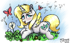 Size: 854x512 | Tagged: safe, artist:dreamyskies, oc, oc only, oc:sweetie shy, alicorn, butterfly, pony, abstract background, alicorn oc, chibi, cute, dandelion, female, flower, happy, horn, looking at you, mare, pony oc, small, smiling, solo, wings