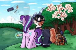 Size: 1280x848 | Tagged: safe, artist:riverfox237, starlight glimmer, pony, unicorn, g4, bag, butt, clothes, duo, female, forest, formal wear, kite, kite flying, let's go fly a kite, magic, mare, mary poppins, nanny, plot, ponified, suit, telekinesis, tree, umbrella, watermark