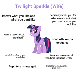 Size: 1024x1024 | Tagged: artist needed, source needed, safe, edit, twilight sparkle, pony, unicorn, g4, female, ideal gf, mare, meme, simple background, smiling, solo, text, unicorn twilight, white background
