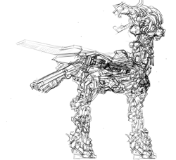 Size: 938x857 | Tagged: safe, artist:oleanderthehorse, oc, oc:crushingvictory, cyborg, pegasus, pony, monochrome, roboticization, sketch, solo, transformation, wip