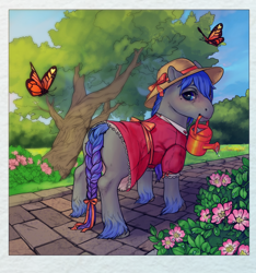 Size: 1536x1640 | Tagged: safe, artist:oops, oc, oc only, oc:rhealien, butterfly, earth pony, pony, accessories, bow, braided tail, clothes, digital art, dress, flower, garden, grass, hat, hooves, nature, plant, solo, sun hat, tree, water drops, watering can