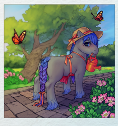 Size: 1536x1640 | Tagged: safe, artist:oops, oc, oc only, oc:rhealien, butterfly, earth pony, pony, accessories, apron, bow, braided tail, clothes, digital art, flower, garden, grass, hat, nature, plant, solo, sun hat, tree, water drops, watering can