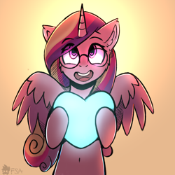 Size: 2200x2200 | Tagged: safe, artist:freak-side, princess cadance, alicorn, pony, g4, adorkable, belly button, cheek fluff, crystal heart, cute, cutedance, dork, ear fluff, female, glasses, heart, heart eyes, high res, open mouth, smiling, solo, spread wings, wingding eyes, wings