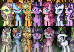 Size: 1414x1000 | Tagged: safe, artist:shungire, applejack, fluttershy, mean applejack, mean fluttershy, mean pinkie pie, mean rainbow dash, mean rarity, mean twilight sparkle, pinkie pie, rainbow dash, rarity, starlight glimmer, twilight sparkle, alicorn, earth pony, pegasus, pony, unicorn, g4, the mean 6, applejack's hat, clone, clone six, cowboy hat, evil smile, female, grin, hat, mane six, mare, mean six, signature, smiling, twilight sparkle (alicorn)