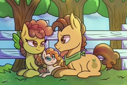 Size: 1280x854 | Tagged: safe, artist:shungire, cinnamon pear, grand pear, pear butter, earth pony, pony, g4, the perfect pear, cute, family, father and child, father and daughter, female, fence, filly, granny pear, headcanon, husband and wife, male, mother and child, mother and daughter, pear family member, ship:grandcinnamon, signature, smiling, tree, young grand pear, younger