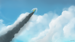 Size: 3840x2160 | Tagged: safe, artist:wevepon3, spitfire, pegasus, pony, g4, clothes, cloud, female, flying, goggles, high res, looking up, sky, smoke trail, solo, sound barrier, uniform, wonderbolts uniform