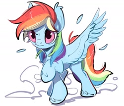 Size: 1867x1600 | Tagged: safe, artist:amo, rainbow dash, pegasus, pony, g4, cute, dashabetes, female, rainbow dash is best facemaker, raised hoof, simple background, solo, spread wings, unshorn fetlocks, white background, wings