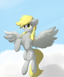 Size: 2336x2795 | Tagged: safe, artist:d.w.h.cn, derpy hooves, pegasus, pony, g4, chest fluff, cloud, cute, derpabetes, eye clipping through hair, female, flying, high res, mare, solo, spread wings, wings