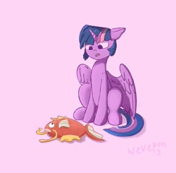 Size: 1397x1367 | Tagged: safe, artist:wevepon3, twilight sparkle, alicorn, magikarp, pony, g4, collaboration, cute, female, looking down, mare, pokémon, sitting, solo, spread wings, sun, twiabetes, twilight sparkle (alicorn), wings