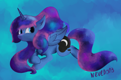 Size: 2558x1685 | Tagged: safe, artist:wevepon3, princess luna, alicorn, pony, g4, cute, female, high res, looking up, mare, moon, rainbow, sitting, solo, space, wings, wings down