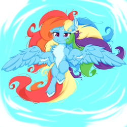 Size: 2500x2500 | Tagged: safe, artist:rurihal, rainbow dash, pegasus, pony, g4, chest fluff, ear fluff, flying, high res, hoof fluff, looking at you, pale belly, sky, unshorn fetlocks, wing fluff