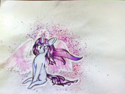 Size: 1280x960 | Tagged: safe, artist:kiwwsplash, oc, oc only, pony, unicorn, artificial wings, augmented, glowing horn, horn, magic, magic wings, sitting, solo, traditional art, unicorn oc, wings