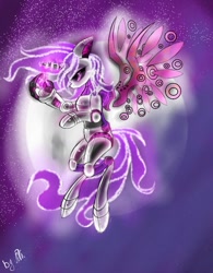Size: 800x1024 | Tagged: safe, artist:kiwwsplash, oc, oc only, alicorn, pony, robot, robot pony, abstract background, alicorn oc, flying, full moon, glowing horn, horn, moon, signature, solo, wings