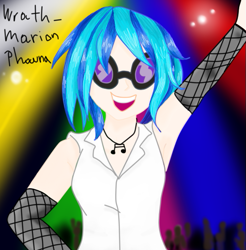 Size: 549x558 | Tagged: safe, artist:wrath-marionphauna, dj pon-3, vinyl scratch, human, equestria girls, g4, clothes, digital art, disco, female, glasses, humanized, jewelry, necklace, open mouth, party, shirt, smiling, solo, t-shirt, waving