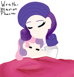 Size: 443x463 | Tagged: safe, artist:wrath-marionphauna, rarity, sweetie belle, human, equestria girls, g4, belle sisters, blanket, clothes, digital art, eyes closed, humanized, makeup, mama rarity, open mouth, simple background, sleeping
